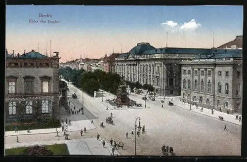 AK Berlin, Unter den Linden, Strassenansicht, Reiterstandbild