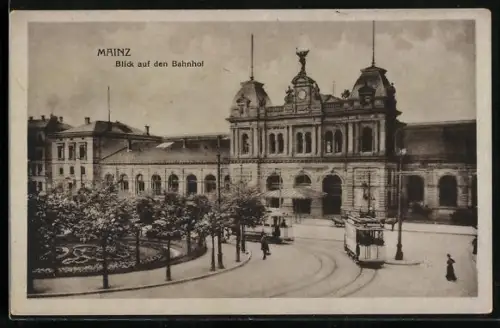 AK Mainz, Blick auf den Bahnhof, Strassenbahn