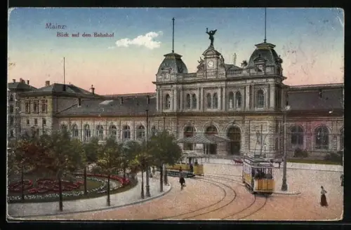 AK Mainz, Blick auf den Bahnhof, Strassenbahn