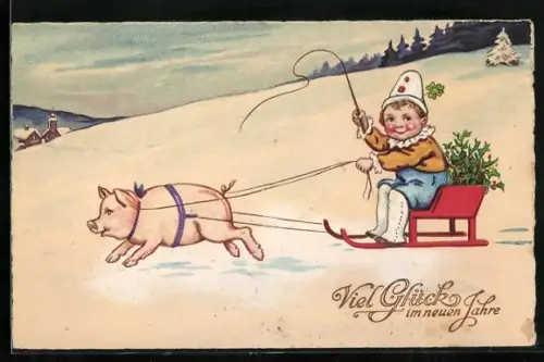 AK Kleiner Schlittenfahrer mit Schwein als Zugtier, Neujahrsgruss