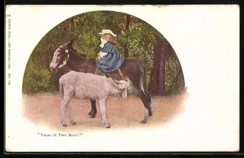 AK Mädchen auf Esel mit säugendem Jungtier