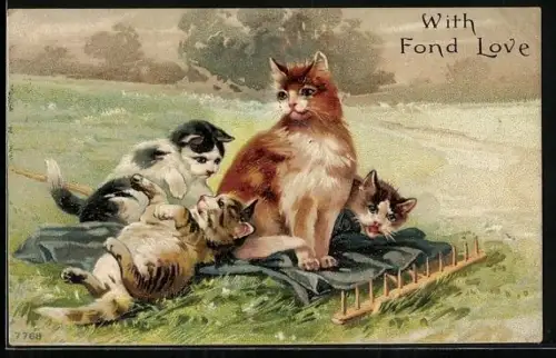 AK Katze mit Jungen auf einem liegenden Rechen