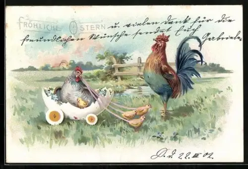 AK Fröhliche Ostern, Huhn lässt ihre Küken einen Eierwagen ziehen
