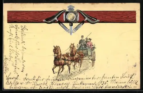 Präge-Lithographie Dame in einer Pferdekutsche, Emblem