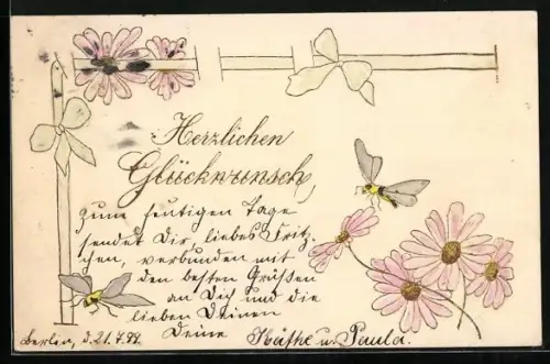 Präge-Lithographie Wespen und Blumen, Schleifen