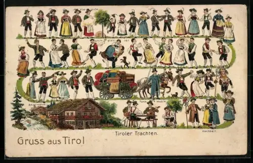 AK Tiroler Trachten bei der Kindtaufe, Schuhplattler, Tanzmusik und Hochzeit