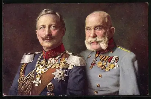 AK Kaiser Franz Josef I. von Österreich in Uniform mit Kaiser Wilhelm II. mit Orden in Treue vereint, Rotes Kreuz