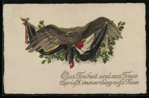 AK Adler mit Nationalfahne Deutschland und Österreich, Fahnenband Ungarn