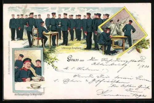 AK Uniformierte Soldaten beim Löhnungs-Empfang, Gewehr-Reinigen und am Geburtstag Sr. Majestät