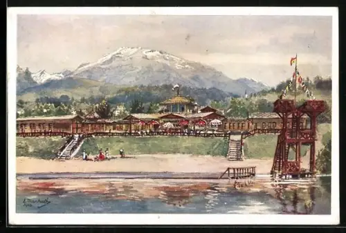 Künstler-AK Seeboden am Millstätter See, Strandbad mit Badegästen