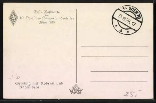 AK Wien, 10. Sängerbundesfest 1928, Grinzing mit Kobenz und Kahlenberg