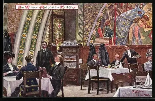 Künstler-AK F. Witt: Wien, Gäste mit Ober im Restaurant Rathaus-Keller