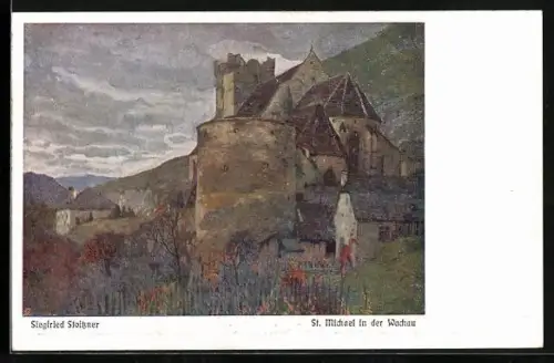 Künstler-AK Siegfrid Stoitzner Nr. 263, Weissenkirchen / Wachua, St. Michael in der Wachau, Burgansicht