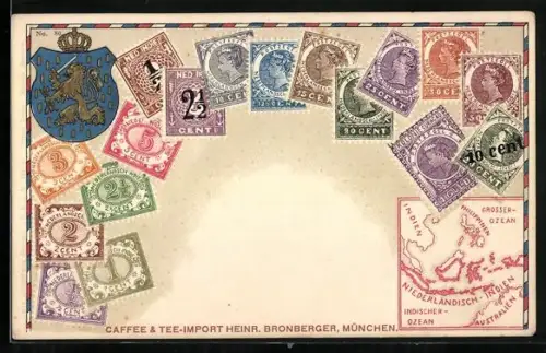 AK Indonesien, Wappen & versch. Briefmarken