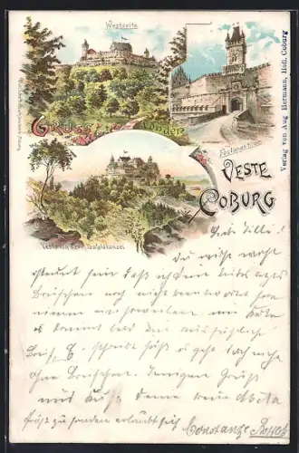Lithographie Coburg, Veste Coburg, Westseite, Festungstor, Teufelstanzel