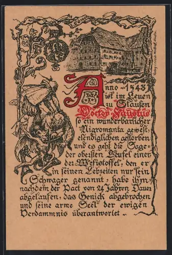 AK Staufen / Brg., Gasthaus zum Löwen, Dr. Faustus Sage, Illustration Teufelspakt