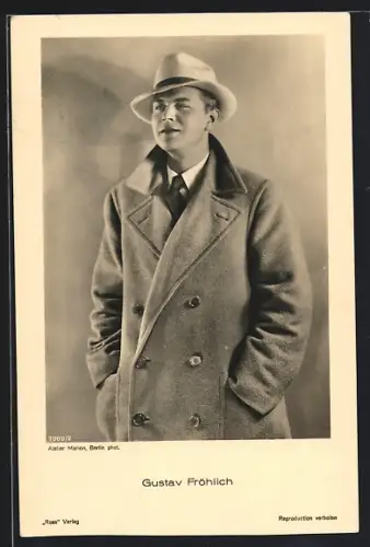 AK Schauspieler Gustav Fröhlich im Mantel porträtiert