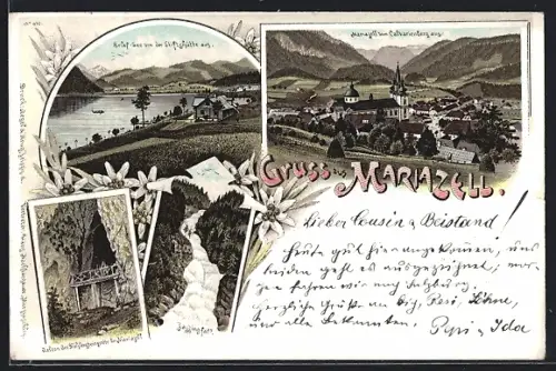 Lithographie Mariazell, Erlaf-See von der Stiftshütte aus, Lassingfall, Balcon der Hohfensteingrotte