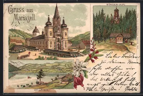 Lithographie Mariazell, Wallfahrtskirche, Bürger-Alpl, Erlaf-See