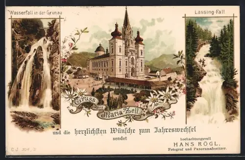 Lithographie Mariazell, Wasserfall in der Grünau, Gnadenkirche, Lassing-Fall