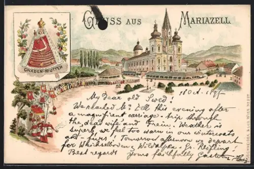 Lithographie Mariazell, Prozession vor der Basilika, Gnaden Mutter