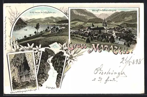 Lithographie Mariazell, Erlaf-See von der Stiftshütte aus, Lassingfall, Balcon der Hohfensteingrotte