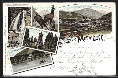 Lithographie Mariazell, Herrenhaus am Erlaf-See, Erzherzog Franz-Carls-Höhe am Bürgeralpel
