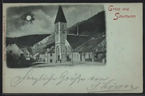 Mondschein-AK Schottwien, Strassenpartie mit Kirche