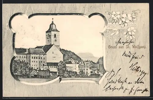 AK St. Wolfgang /Salzkammergut, Teilansicht mit Kirchturm im Passepartout