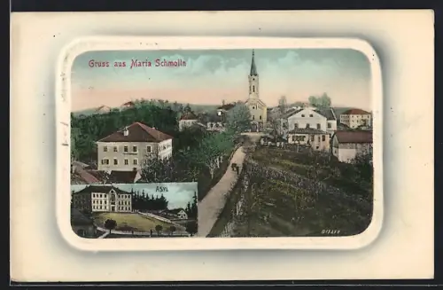 AK Maria-Schmolln, Ortspartie mit Kirche und Landstrasse, Asyl