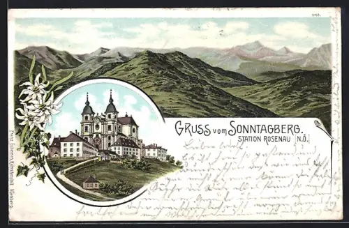 Lithographie Rosenau /N. Ö., Kirche auf dem Sonntagberg, Bergpanorama