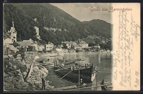 AK Sarmingstein, Ortsansicht, Binnenschiff