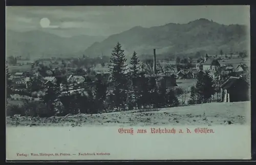 Mondschein-AK Rohrbach a. d. Gölsen, Teilansicht mit Bergen
