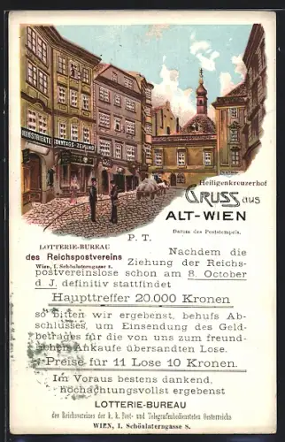 Lithographie Alt-Wien, Heiligenkreuzerhof, Lotterie-Bureau des Reichspostvereins, Schönlaterngasse 8