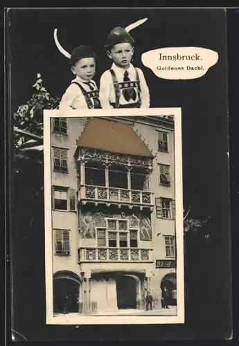 AK Innsbruck, Gasthaus Goldenes Dachl, Zwei Jungen in Tracht, Passepartout