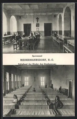 AK Biedermannsdorf /N.-Ö., Stephaneum, Innenansichten Speisesaal und Schlafsaal