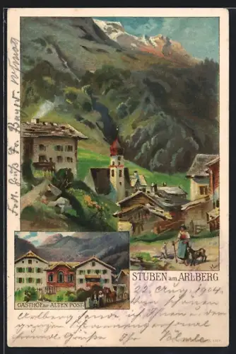 AK Stuben am Arlberg, Ortsansicht mit Gasthof zur Alten Post