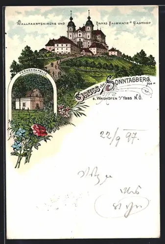 Lithographie Waidhofen a. Ybbs, Hanns Halbmayr`s Gasthof & Wallfahrtskirche, Türkenkapelle, Sonntagberg