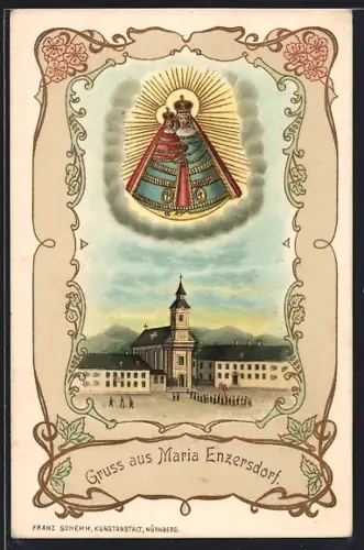 Lithographie Maria Enzersdorf, Gnadenbild über der Kirche