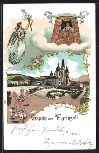 Lithographie Mariazell, Strassenpartie mit Kirche, Schwebender Engel, Gnadenbild