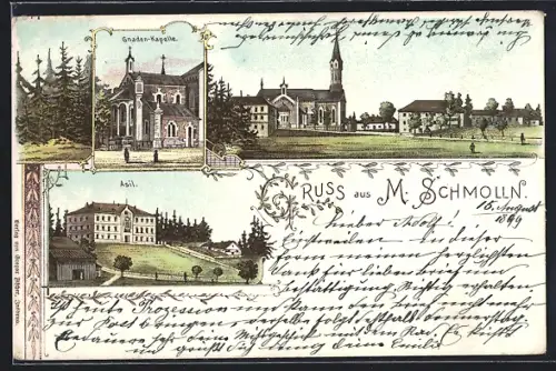 Lithographie Maria Schmolln, Asil, Grande-Kapelle, Teilansicht mit Kirche