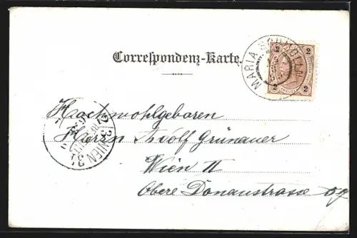 Lithographie Maria Schmolln, Asil, Grande-Kapelle, Teilansicht mit Kirche