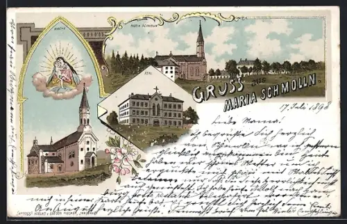 Lithographie Maria Schmolln, Ortsansicht mit Kirche, Asyl, Gnadenbild