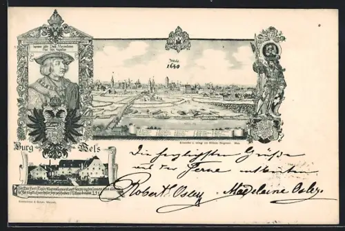 AK Wels, Historische Ortsansicht, Burg und Wappen