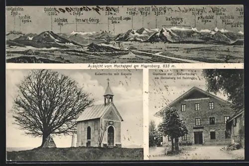 AK Haunsberg bei Salzburg, Gasthaus zur Kaiserbuche, Kapelle und Panorama