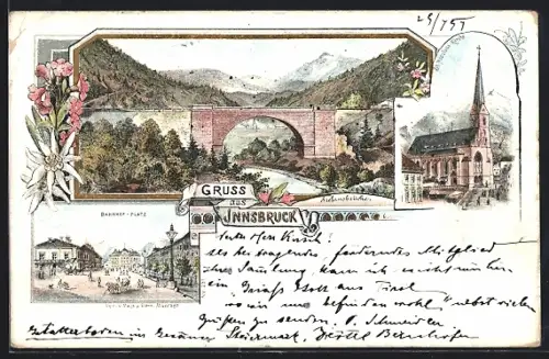 Lithographie Innsbruck, Bahnhof-Platz, Stefansbrücke, St. Nicolaus-Kirche