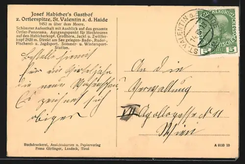 AK St. Valentin a. d. Haide, Josef Habicher`s Gasthof z. Ortlerspitze