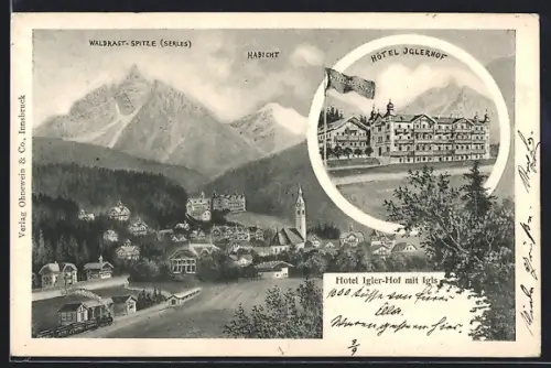 Künstler-AK Igls, Ortspartie und Hotel Iglerhof