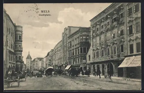 AK Wels, Stadtplatz mit Geschäften