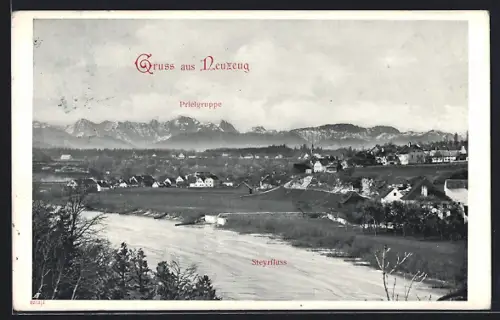 AK Neuzeug, Ortsansicht mit Prielgruppe und Steyrfluss